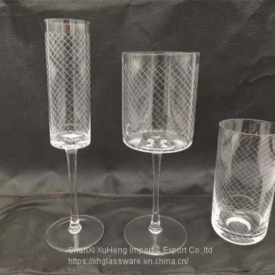 Transparent Clear Champagne Wine Drinking Water Glass Cup With Etched Line Design