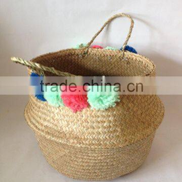 High quality best selling eco-friendly Colored Pompoms in Natural seagrass storage basket from Vietnam