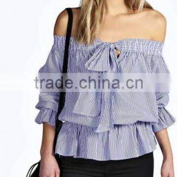 2015 china manufacturer customized ladies the latest design shoulder striped blouse