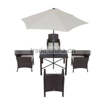 6 piece outdoor furniture set includes 1 table, 4 chairs and 1 patio umbrella