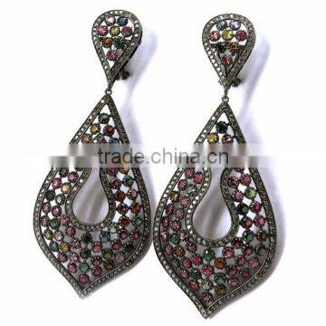 Genuine 4.38 Carat Diamond & Tourmaline Dangler 925 Sterling Silver Earring, Dangler SIlver Earring