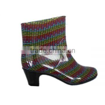 stripes print ankle boots with heel,good quality PVC rain boots,antiskid customized plastic boots