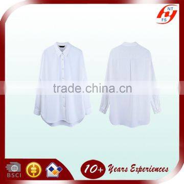 Hot Fashion Lady Elegant Loose White Chiffon Long Sleeve Bead Neck Blouse Woman Plus Size Shirt