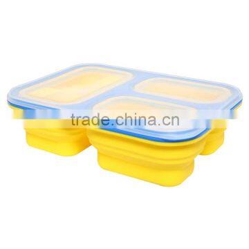 2015 hot sale 3-compartment folding silicone bento lunch box