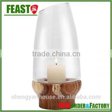 2015 New Design Glass Candle Holder Decorative Candle Jar With Wood Stand