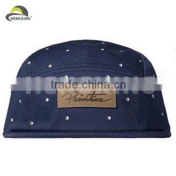Leather patch custom cotton 5 panel strap back caps