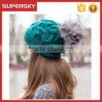 A-516 raccoon fur pom beanie pom pom baggy cable knit beanie fur pom pom knitting beanie