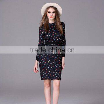 Woman Autumn Long Sleeve Dress 2016 O-Neck Female Fashion Dress Stones Printing Femme Robe Vestidos