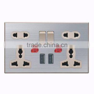 High quality stainless steel double 13A 5 PIN multi functional switch socket +double USB with neon