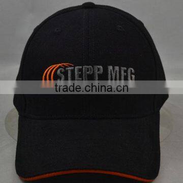 Guangzhou hat factory professional custom 6 panel / / embroidery logo / 100% cotton/black baseball cap with orange sandwich