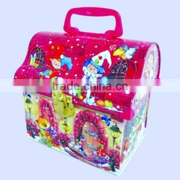 Christmas gift tin box house shape chocolate tin box lunch tin box with handle