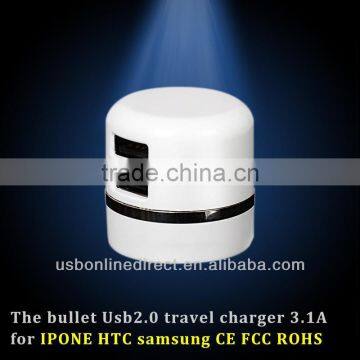 Hot selling bullet usb travel charger 2.1A for iphone HTC samsung with CE, FCC, ROHS Certificate