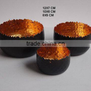 metal copper colours inside Aluminium votive with black finish set of 3 pcs with flame like edges can be in any colour