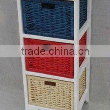 wooden craft cabinet with wicker basket