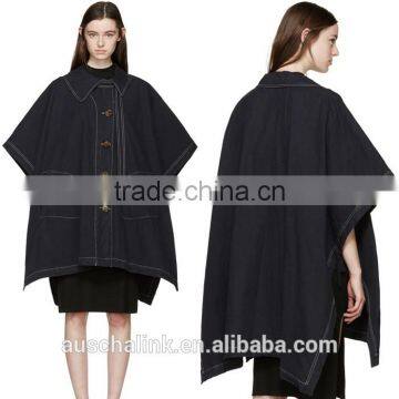 Newest Winter Women Dark Navy Oversized Cape Coat Made in China photo-5