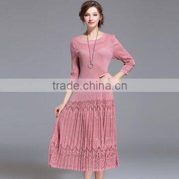 Formal style three quarter sleeve bodycon pleated dress with lace hem