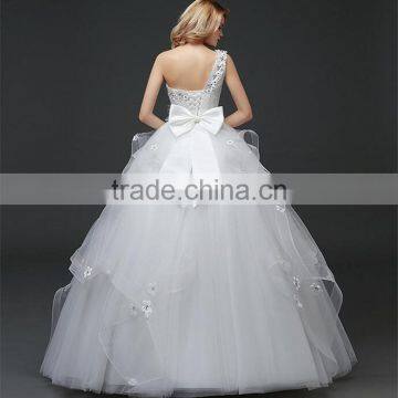 Floral Lace Trim Hem One Shoulder Crystals Pearl Ball Gown Appliques Lace Tulle Customize Wedding Dresses photo-2