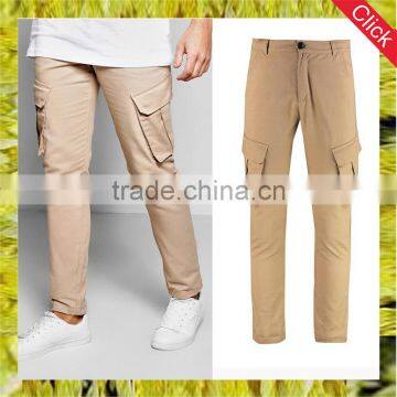 Popular khaki cargo trousers men skinny straight leg pants with raw edges hem