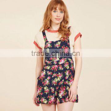 Navy Floral Wide Adjustable Straps Lady's Short Overall With Pockets photo-3