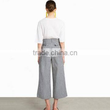 2017Cotton High Waist Women Casual Pants Different Size for Choice Ruffles Plaid White and Black 84620 photo-3