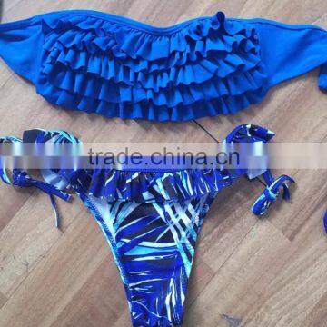 Royal Blue Strapless Ruffled Bikini Beach Swimwear Lace-up Bathing 2 Piece Suit