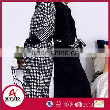 Houndstooth printed coral fleece long style zipper reversible bathrobe