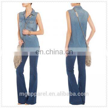 wholesale ladies high quality cheap sleeveless perfect light denim shirt