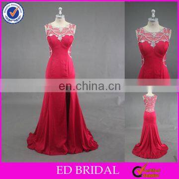 Real Sample Sexy See Through Back Beaded Side Slit Red Formal Gown Evening Dress