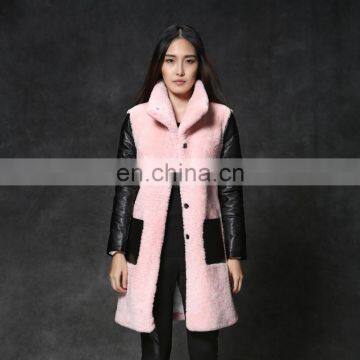 New trendy geniue merino sheep shearling fur long garment with sheepskin patchwork for women