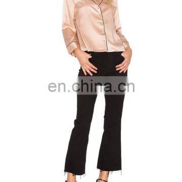 Pink Silk Satin Blouse For Women Smart Casual Wear Pajamas Style Long Sleeve T-Shirt photo-5