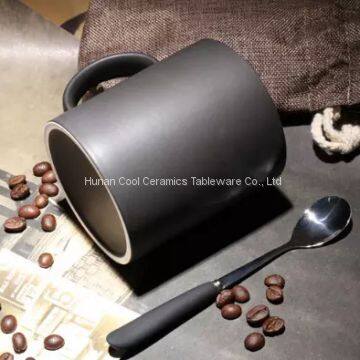 Glazed Black Coffee Ceramic Mugs,dull Polish With Spoon, Matter Milk Cup photo-2