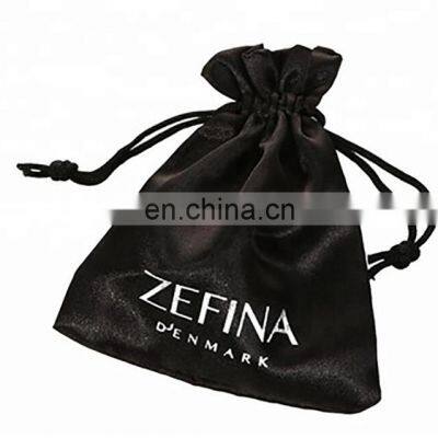 Black custom large drawstring satin bag with logo printed