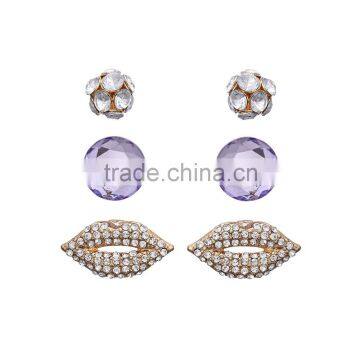 Women Fashion Jewelry Fireball Purple Faceted Stone CZ Accents Lips Mouth Stud Earring Set In Gold Plating Wholesale