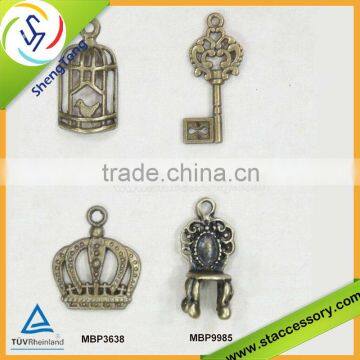 Wholesale crown charms, key charms for crafts, bulk birdcage charms