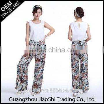 Wholesale New Design Fashion Women Suit White Top Feet Wide Pants Printed for Ladies