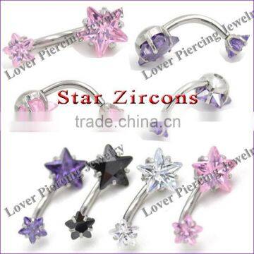 High Polish With Double Star Zircon Top Design Stainless Steel Navel Belly Ring [SS-E867]