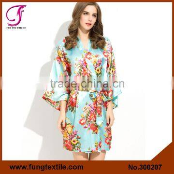 FUNG 3002 New Designer 2016 Flolal Thigh Length Silk Satin Kimono Robe