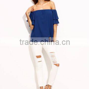 Blouses Latest Fashion Design Women Clothing Royal Blue Pleated Sleeve Off The Shoulder Blouse photo-2