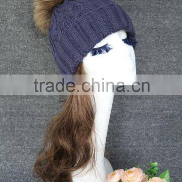 Natural Raccoon Fur Pompoms Top Wool Knitting Beanie Hat Ladies