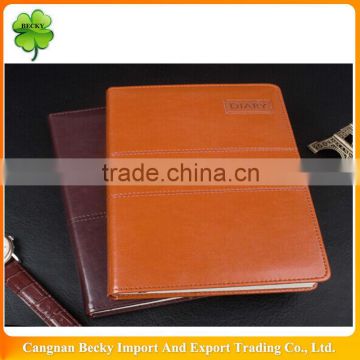 Sewing decoration PU leather personalized classical brown diary with embossing logo and line printing and book marker