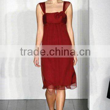 2012 cap sleeve handmade pleated wine red chiffon knee length bridesmaid dress