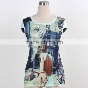 F5S10013 Ladies Printing Round Neck Short Sleeve T Shirt Summer