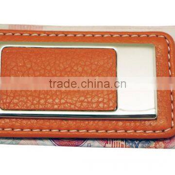 embossed metal and leather money clip wallet