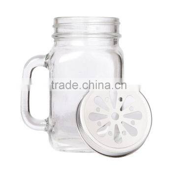 2016 HOT SALE glass mason jar with handle / drinking glass cup with ha / glass tea cups with handle at factory /with lid ,cap
