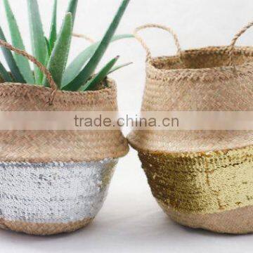 Silver Sequin Belly Basket, Seagrass Dipped Bottom Basket, Folding Basket photo-4