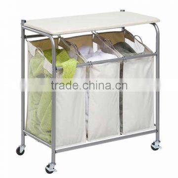 Hotel and home usage triple laundry sorter with ironing board/3 lift-off fableable landry sorter