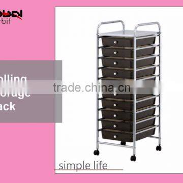 Black Movable Office Trolley Durable Beauty Salon Storage Plastic Drawers Rack With Wheels