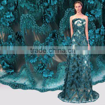 3D Beaded Embroidery Lace Fabrics Gold Yellow French Lace Fabric 2017 photo-3