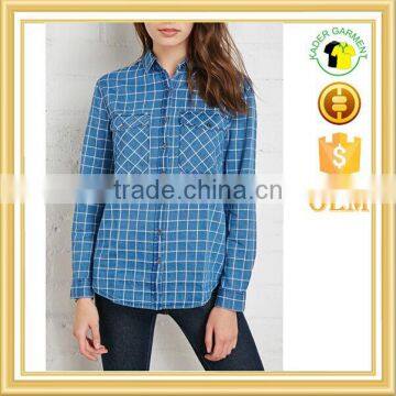 2015 custom women's blue plaid long sleeve 100% cotton flannel shirt