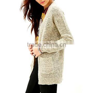 Double Color Kintted Ladies Cardigan With Open Front and Front Patch Pockets photo-3